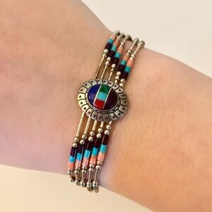 Vintage Native Southwestern Zuni Beaded Sterling Silver Bracelet